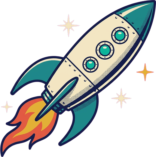 A retro-futuristic rocket ship blasting off