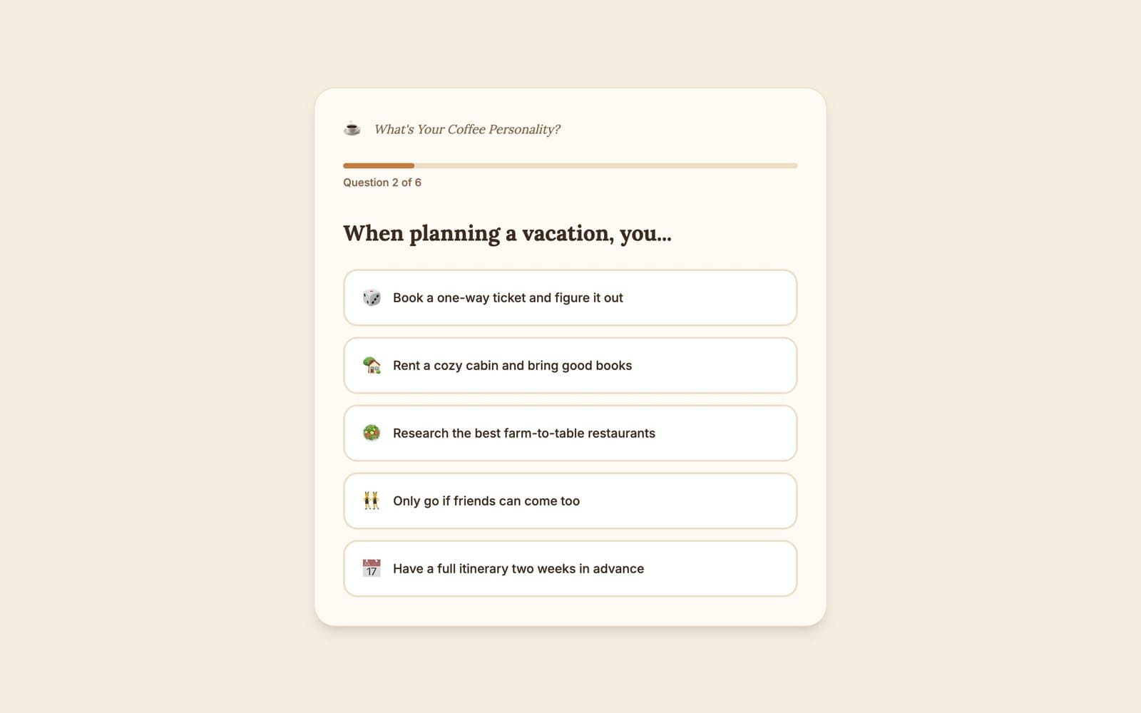 A quiz question with five emoji answer options