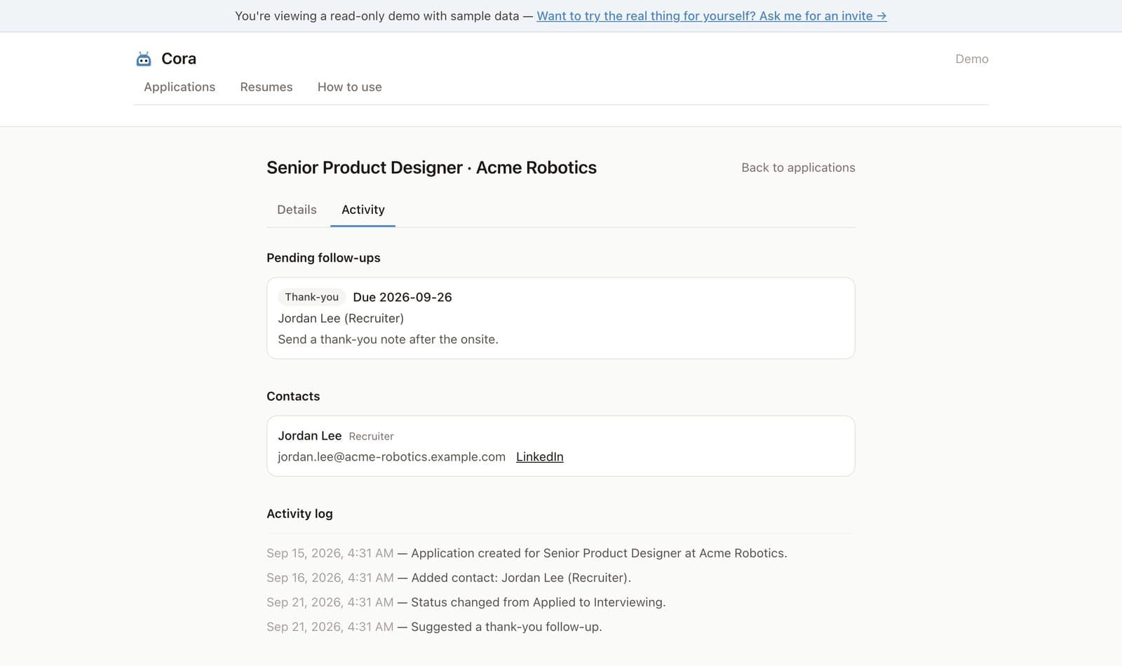 An application's Activity tab showing a suggested thank-you follow-up, a recruiter contact, and an activity log