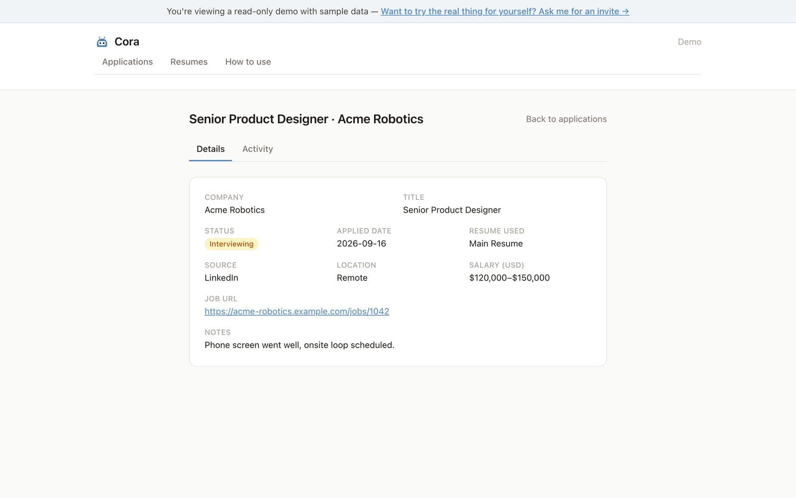 Application detail page with company, title, status, salary range, and job description