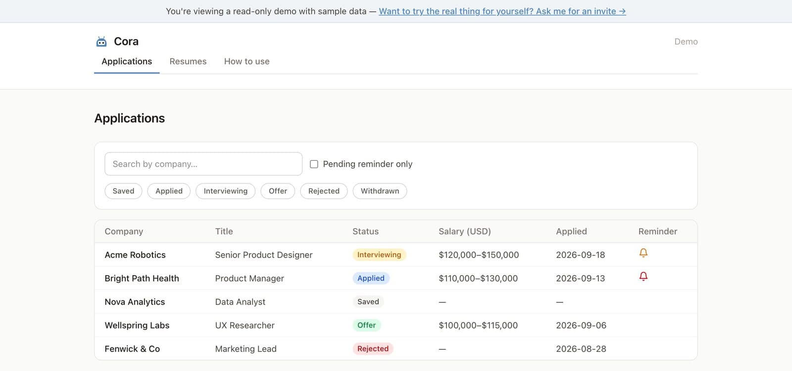 Cora applications dashboard with status filters and reminder bells