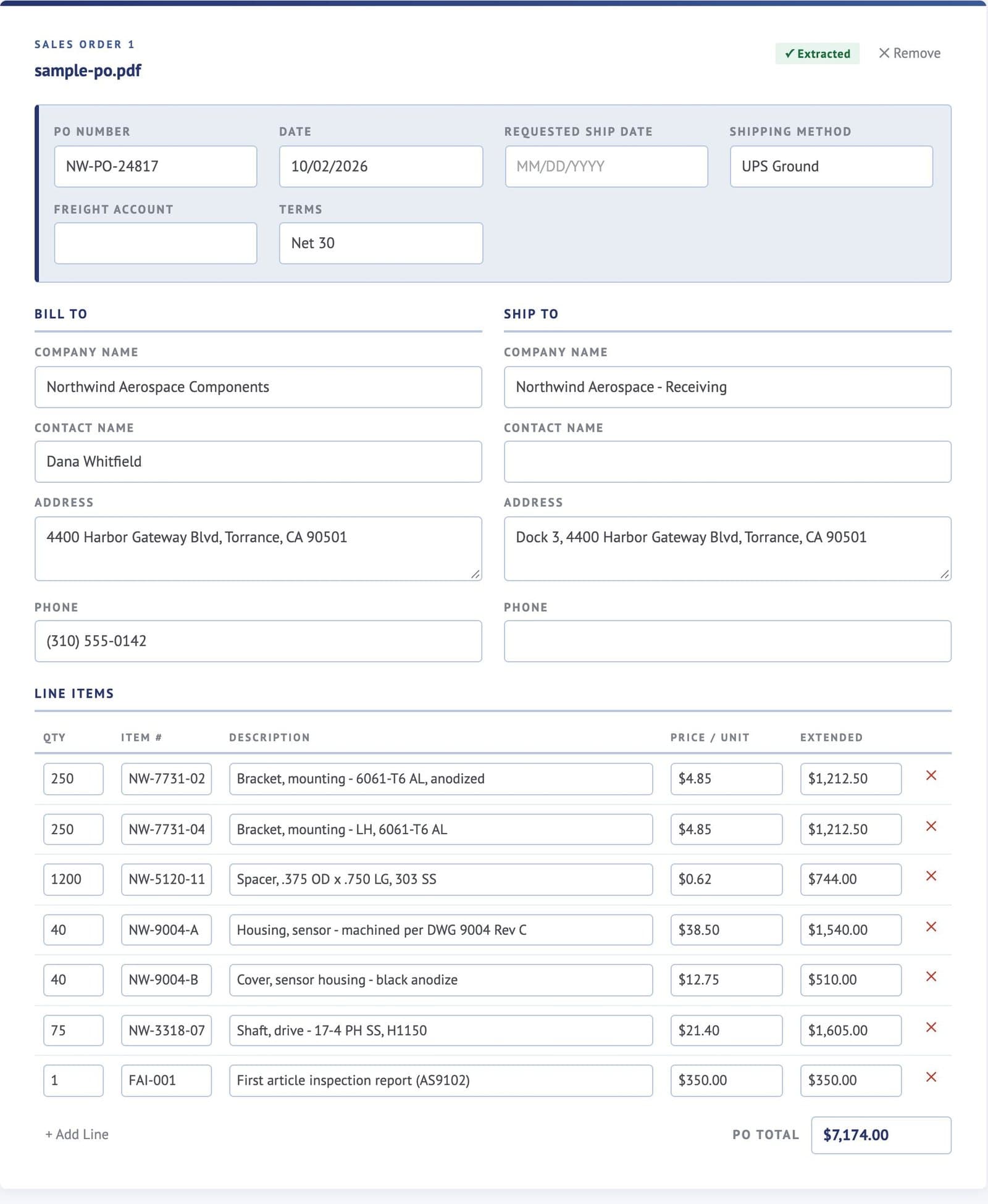 PO Reader showing an extracted, editable sales order