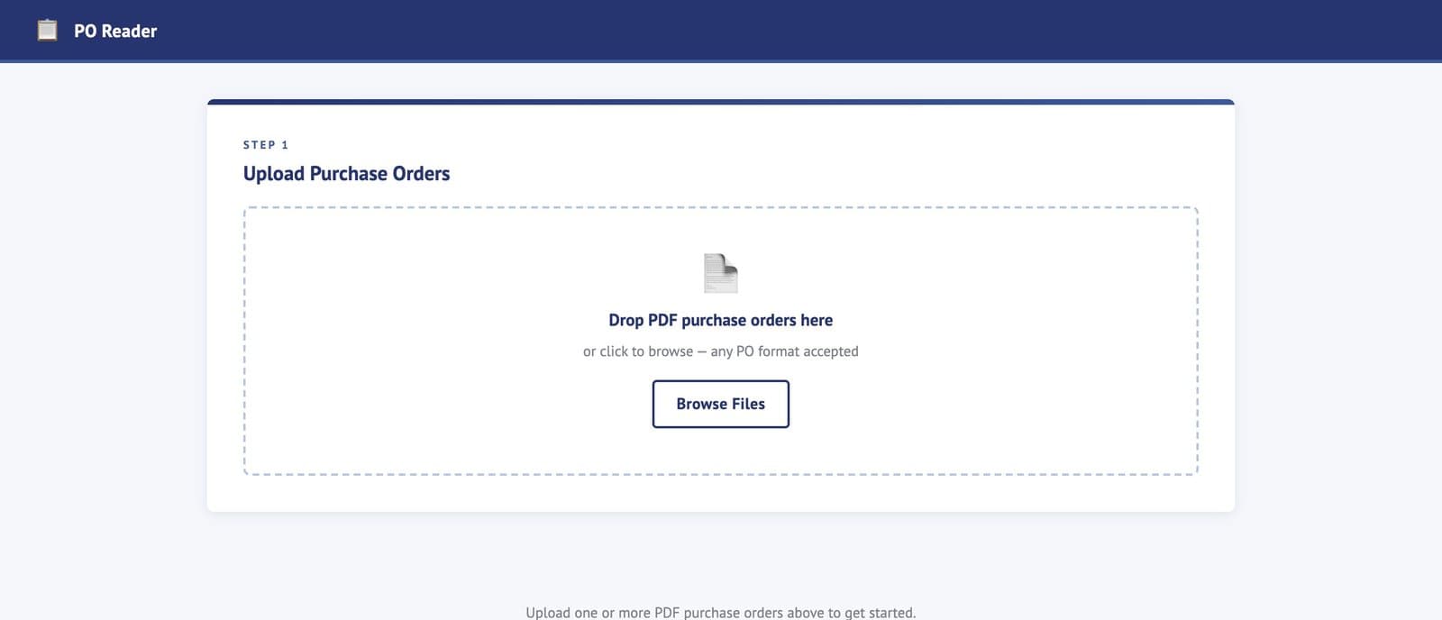 PO Reader upload screen with a drag-and-drop area for PDF purchase orders